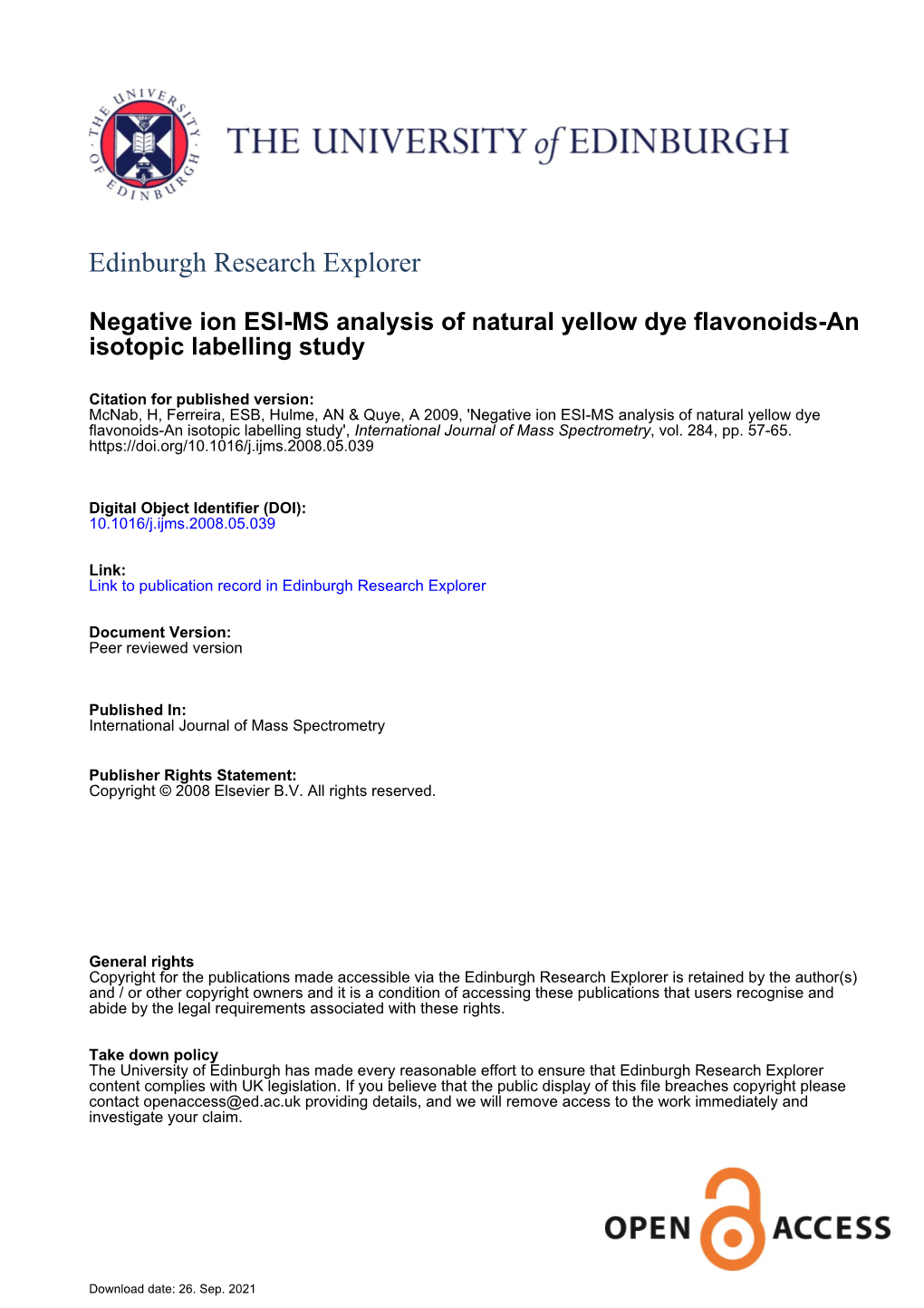 Negative Ion ESI-MS Analysis of Natural Yellow Dye Flavonoids-An Isotopic Labelling Study