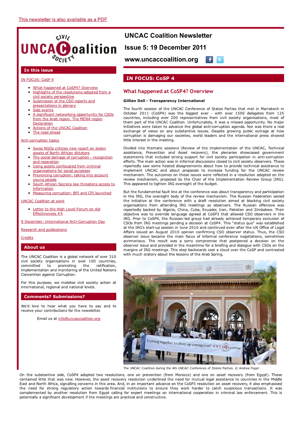 UNCAC Coalition Newsletter Issue 5: 19 December 2011