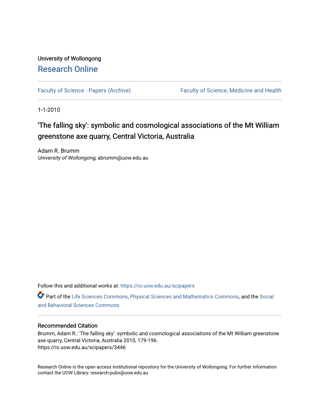 'The Falling Sky': Symbolic and Cosmological Associations of the Mt William Greenstone Axe Quarry, Central Victoria, Australia