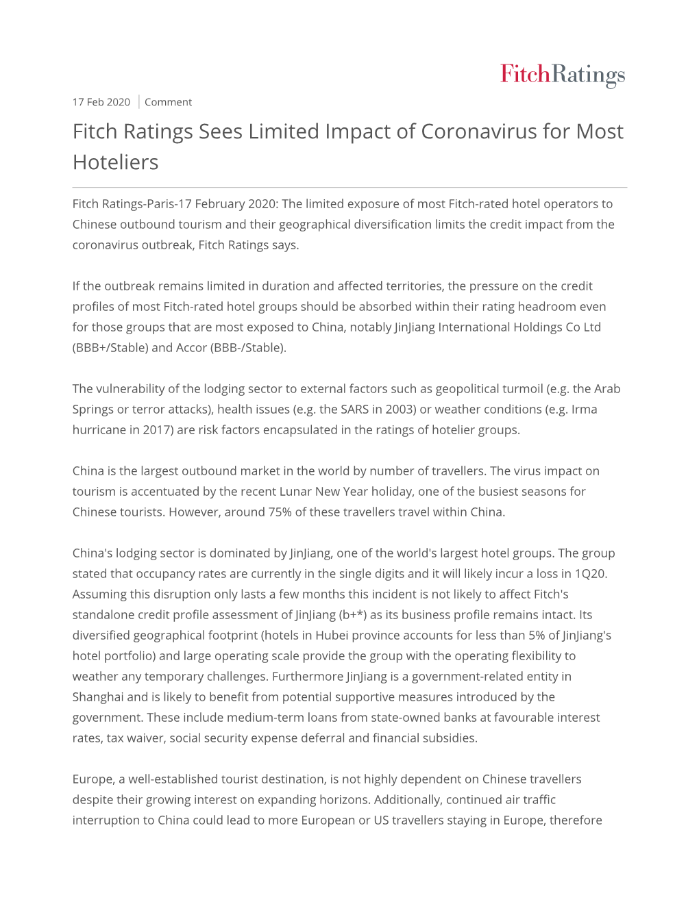 Fitch Ratings Sees Limited Impact of Coronavirus for Most Hoteliers