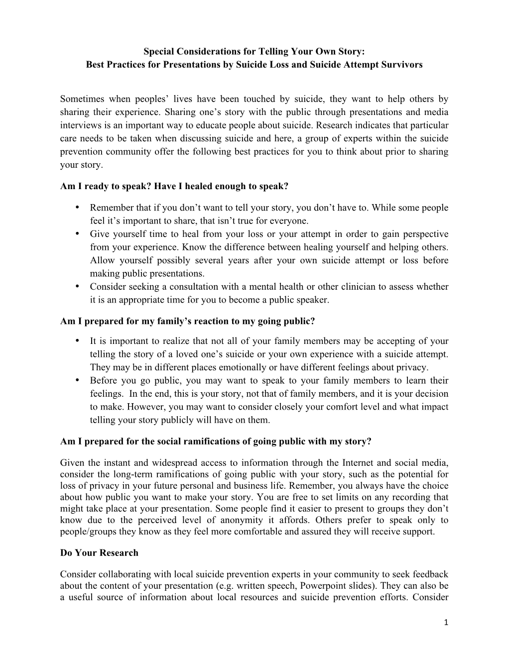 Special Considerations for Telling Your Own Story: Best Practices for Presentations by Suicide Loss and Suicide Attempt Survivors