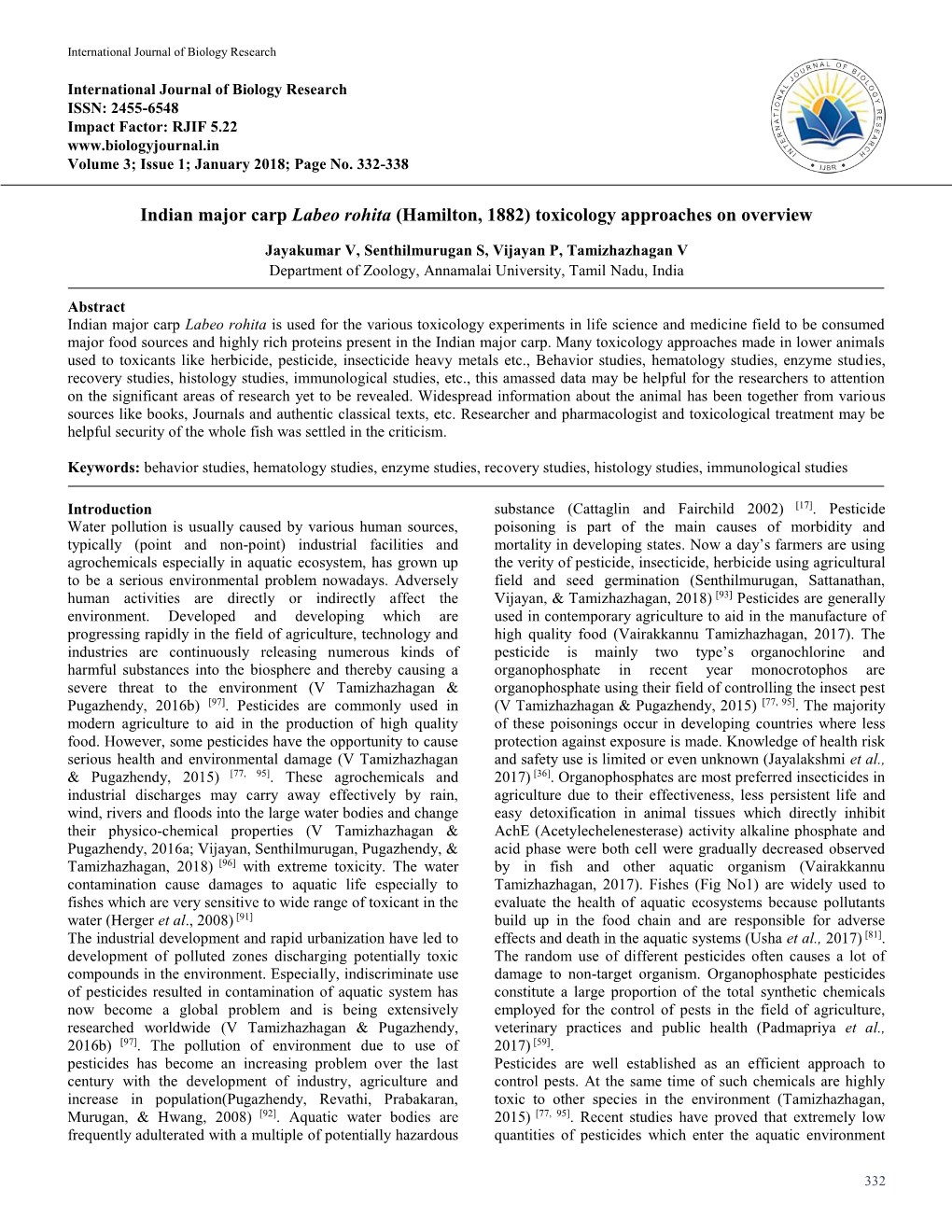 Indian Major Carp Labeo Rohita (Hamilton, 1882) Toxicology Approaches on Overview