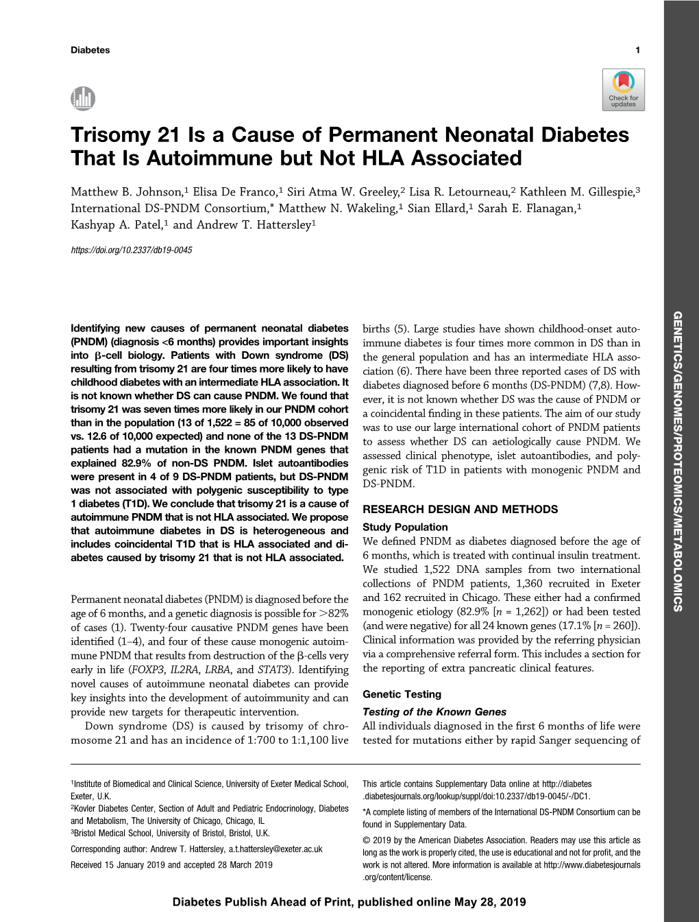 Trisomy 21 Is a Cause of Permanent Neonatal Diabetes That Is Autoimmune but Not HLA Associated