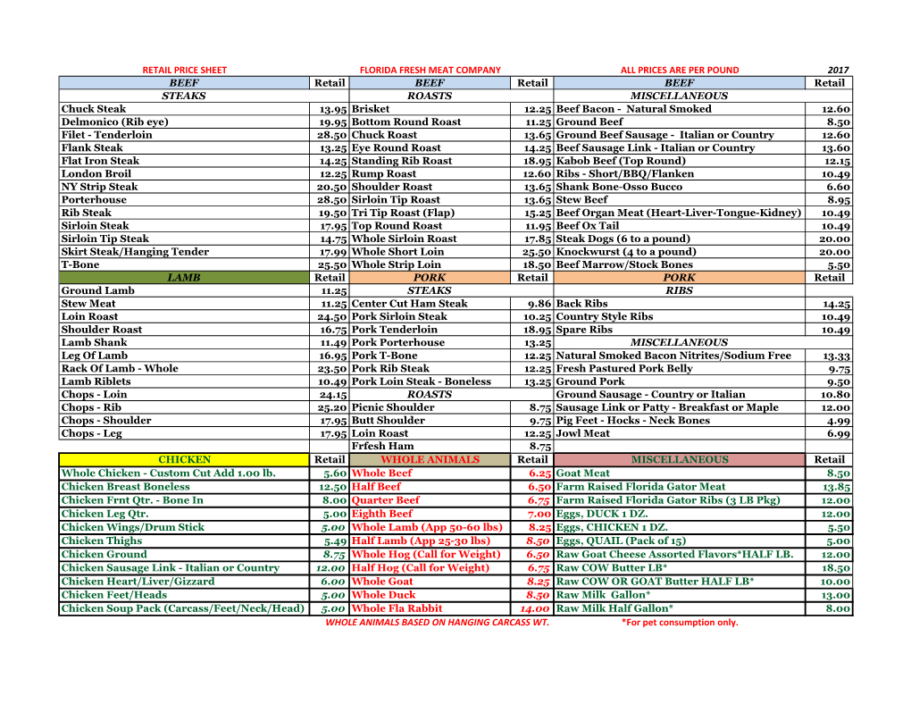 Retail Price Sheet Florida Fresh Meat Company All Prices Are Per Pound