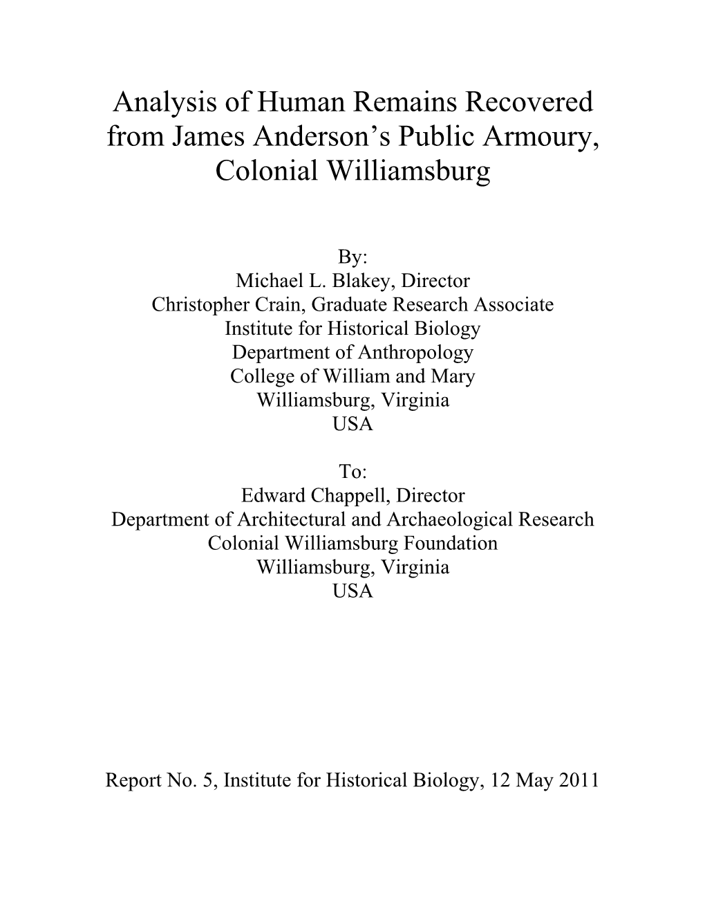 Analysis of Human Remains Recovered from James Anderson's