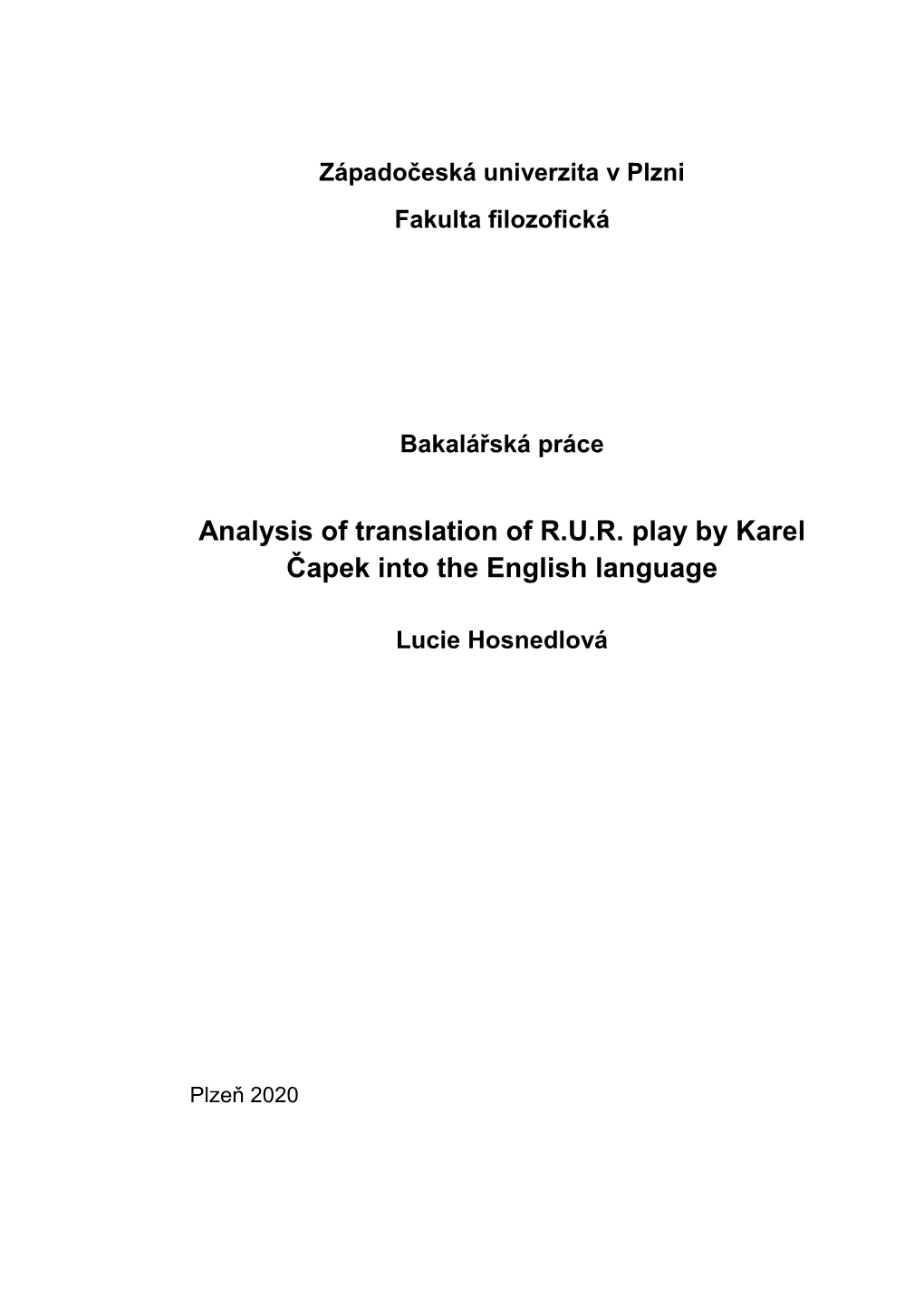 Analysis of Translation of R.U.R. Play by Karel Čapek Into the English Language