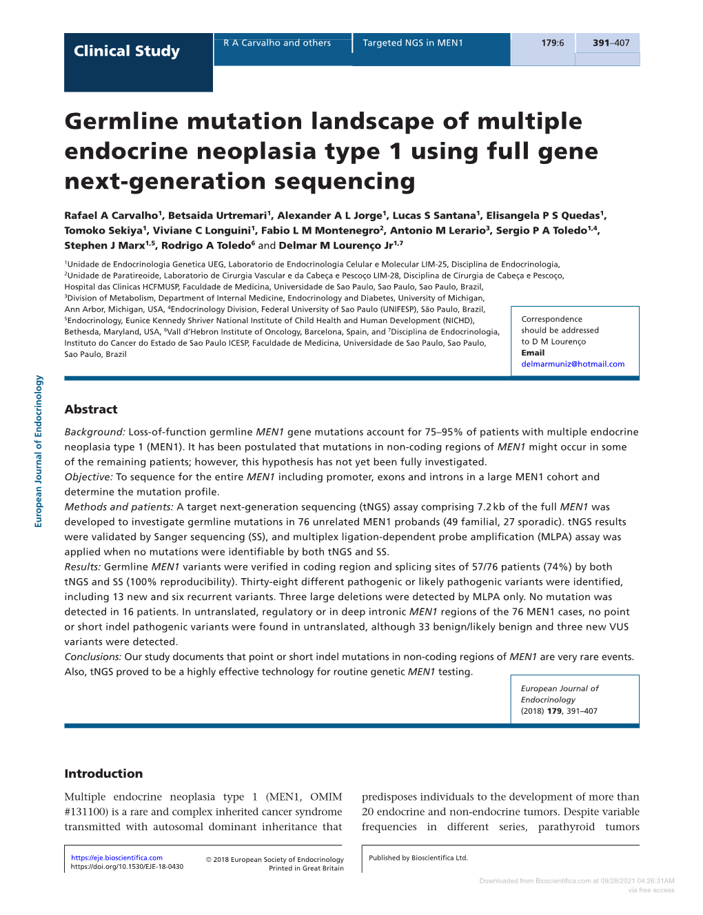 Germline Mutation Landscape of Multiple Endocrine Neoplasia Type 1