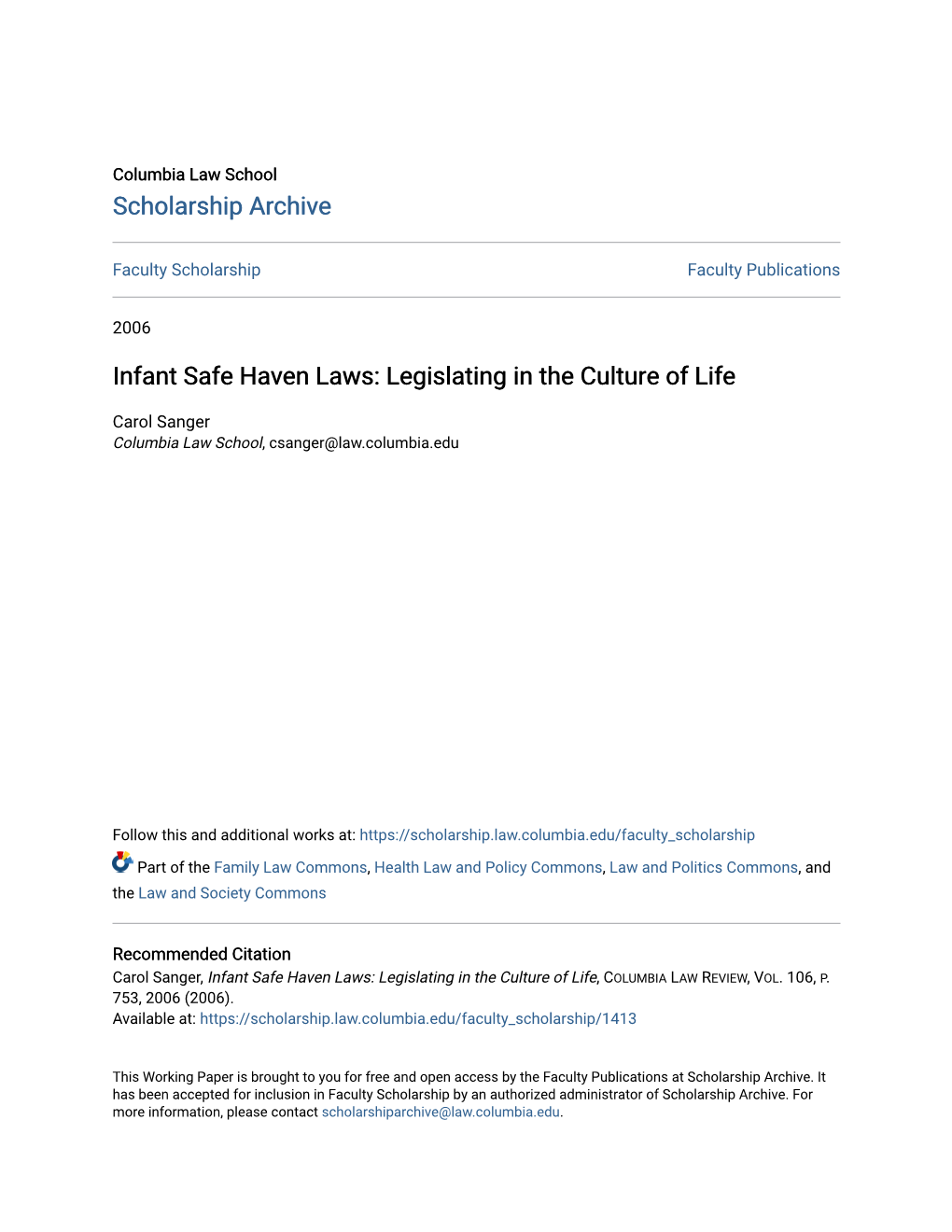 Infant Safe Haven Laws: Legislating in the Culture of Life