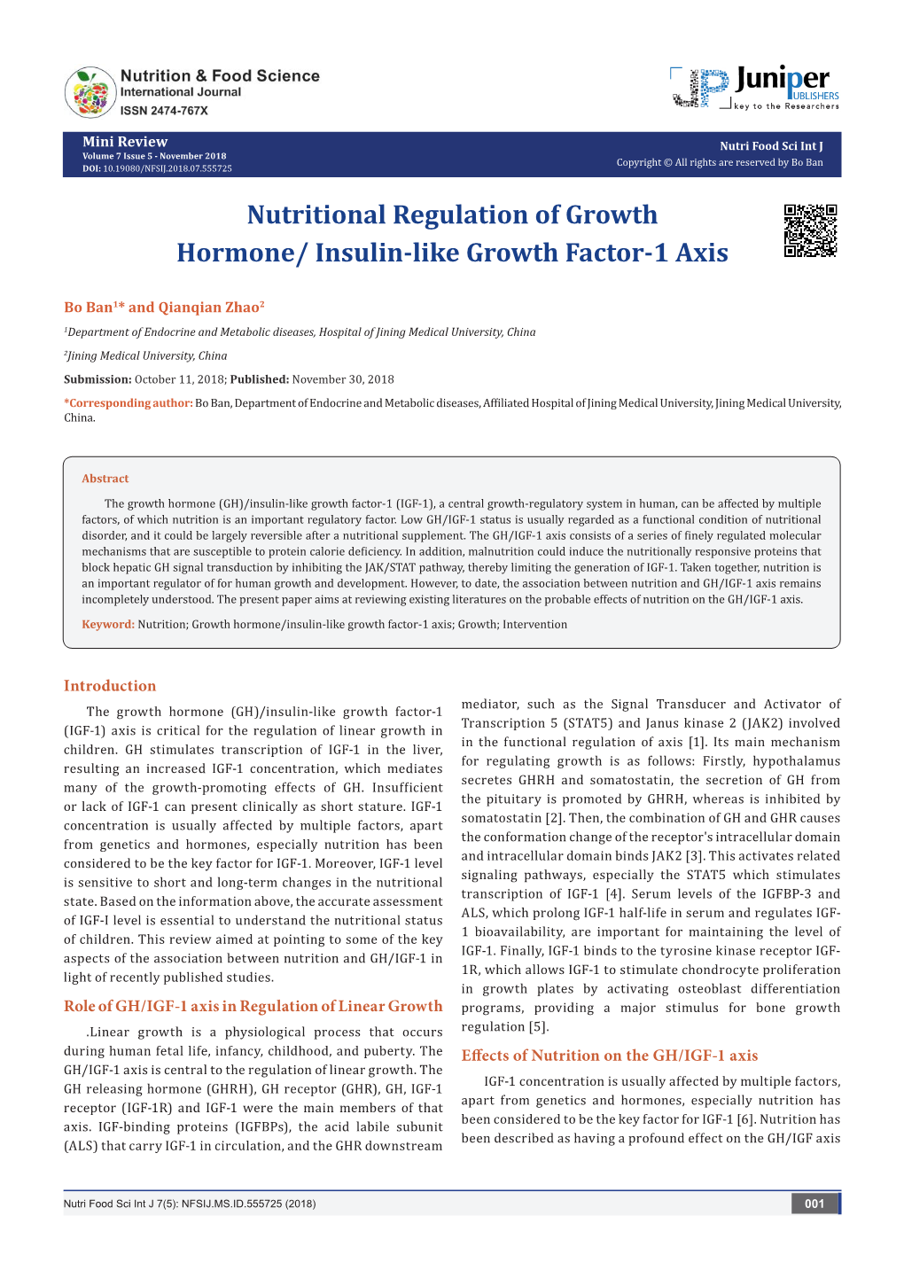 Nutritional Regulation of Growth Hormone/ Insulin-Like Growth Factor-1 Axis