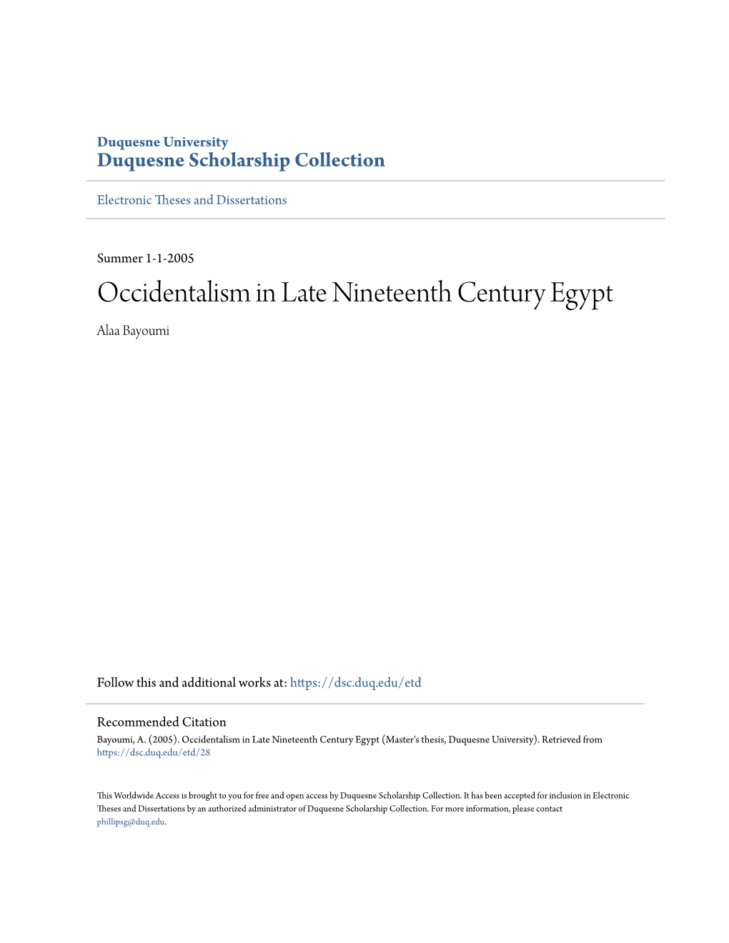 Occidentalism in Late Nineteenth Century Egypt Alaa Bayoumi