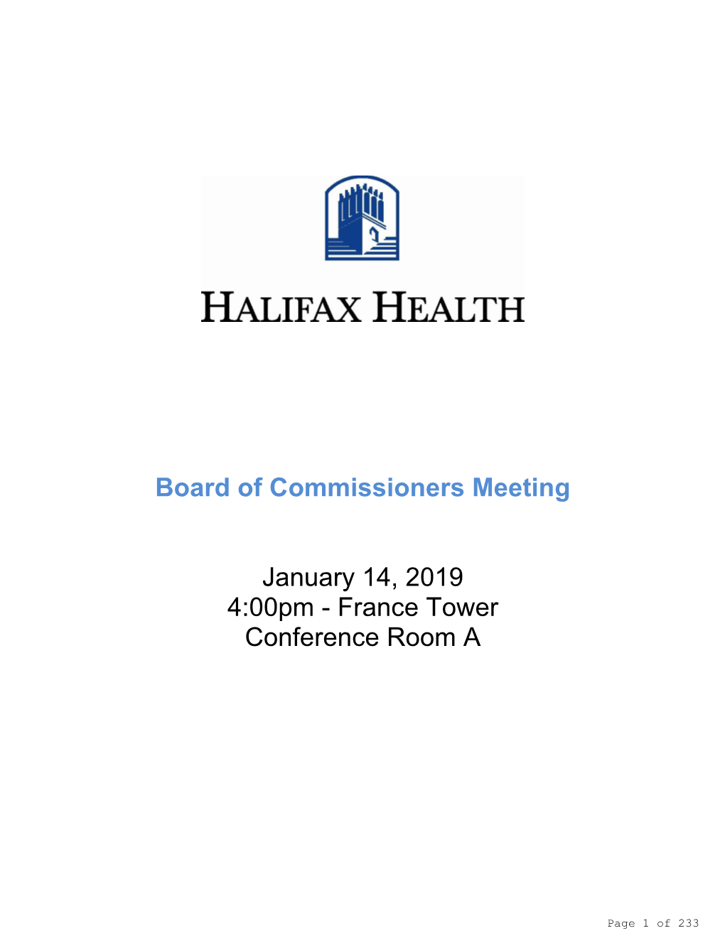 Board of Commissioners Meeting January 14, 2019 4:00Pm