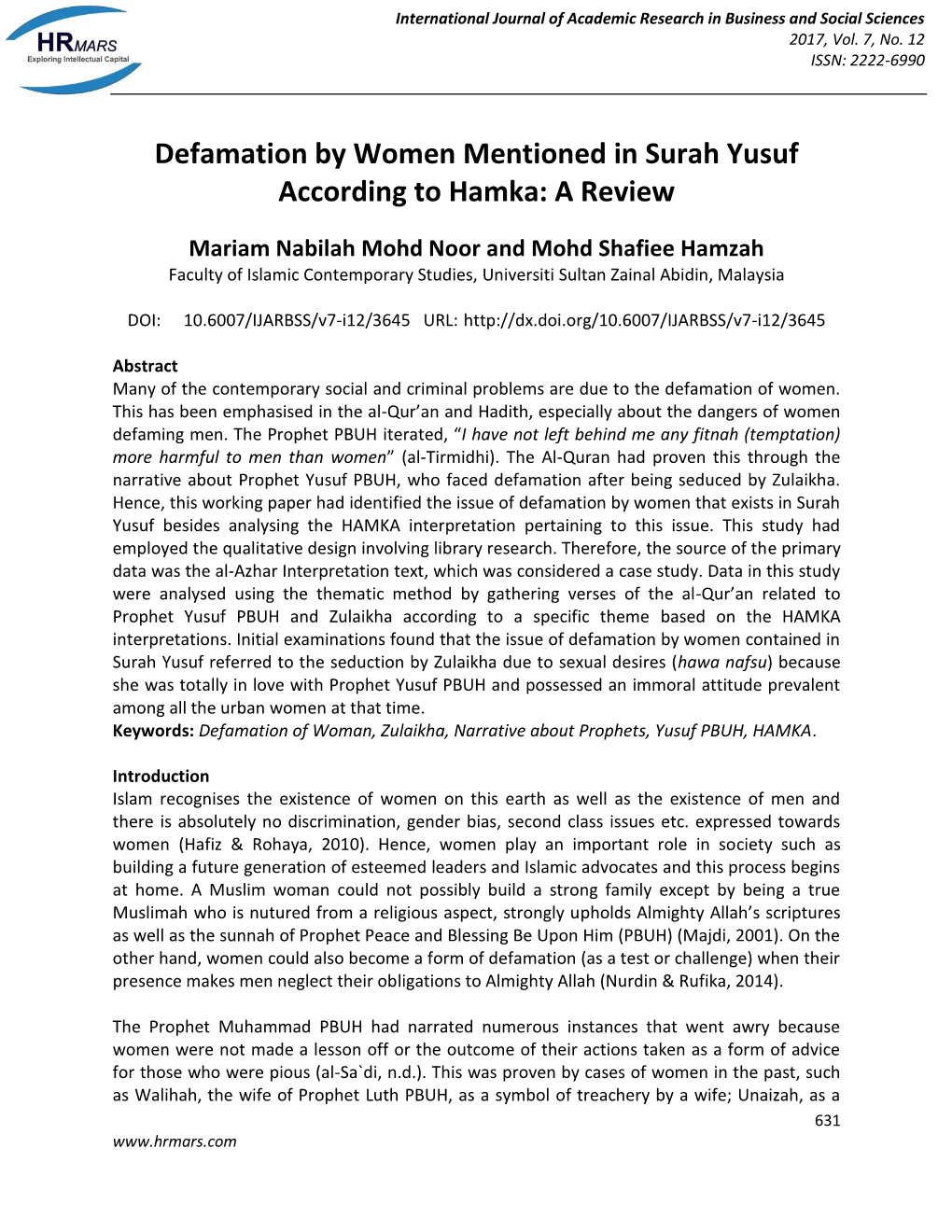 Defamation by Women Mentioned in Surah Yusuf According to Hamka: a Review