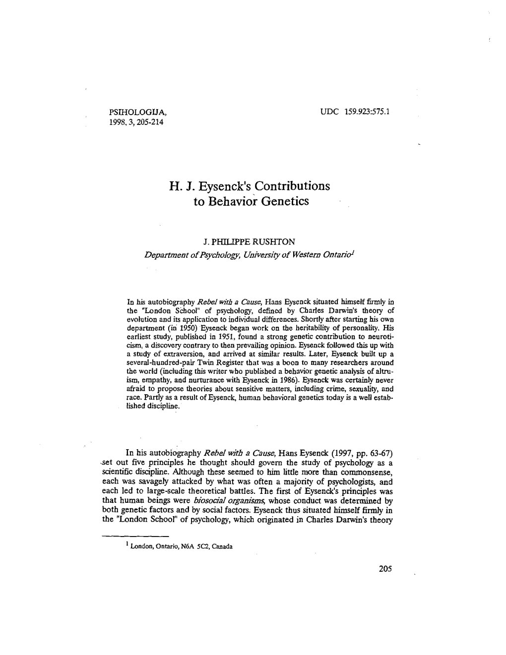 H. J. Eysenck's Contributions to Behavior Genetics