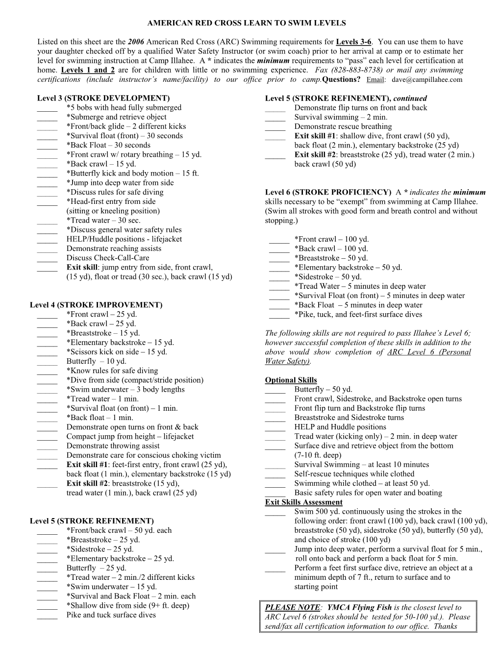 (ARC) Swimming Requirements for Levels 3-6