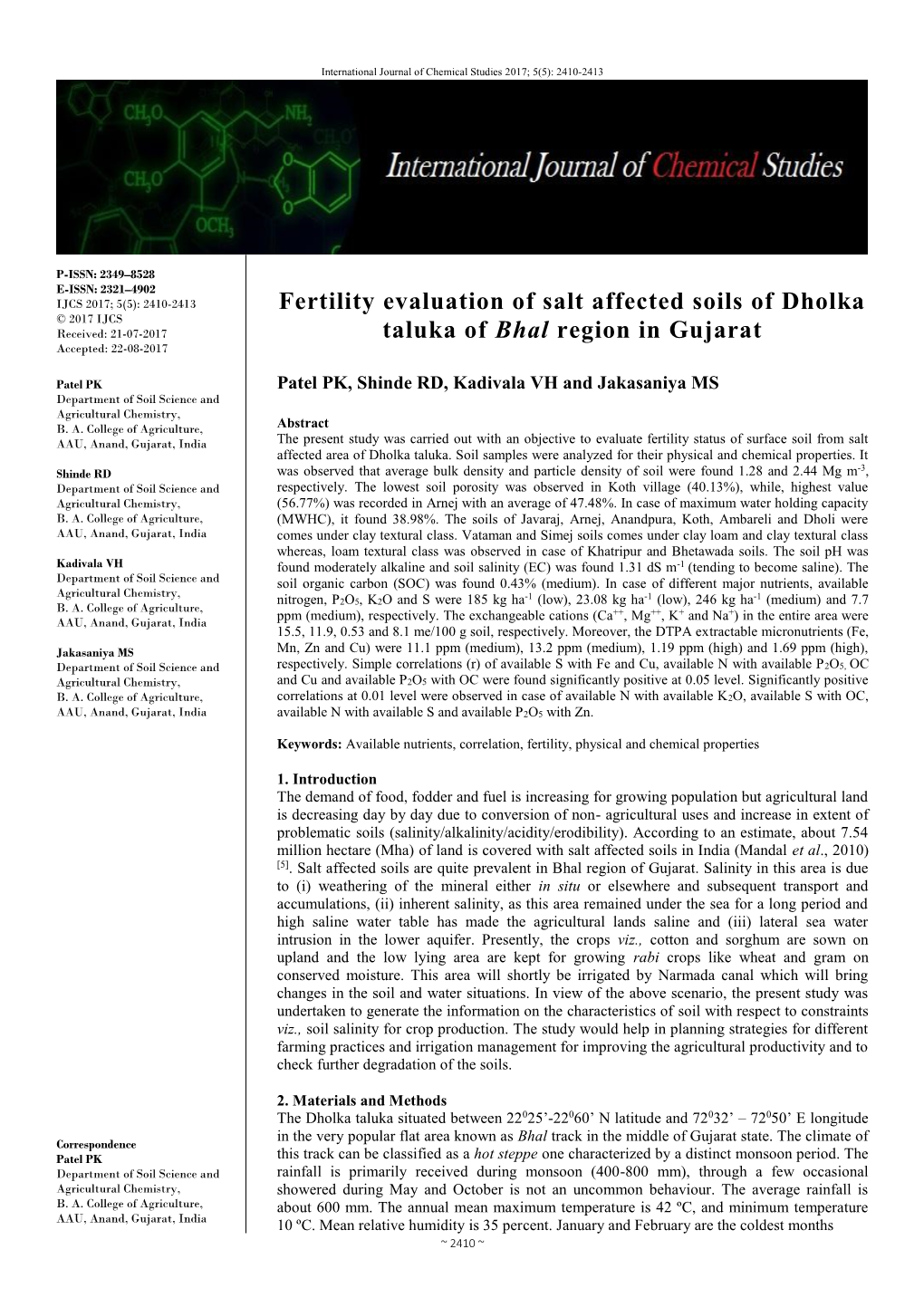 Fertility Evaluation of Salt Affected Soils of Dholka Taluka of Bhal Region In