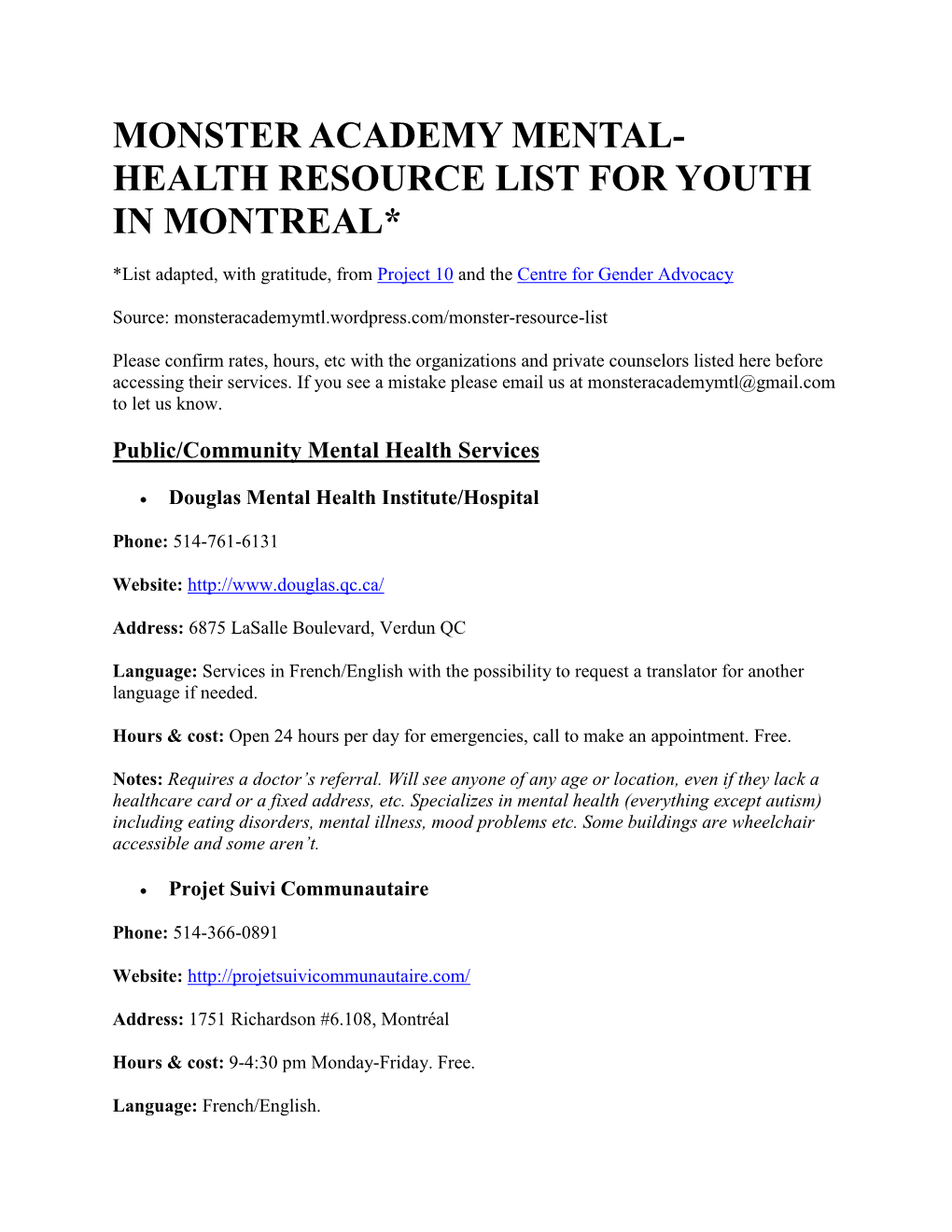 Monster Academy Mental- Health Resource List for Youth in Montreal*