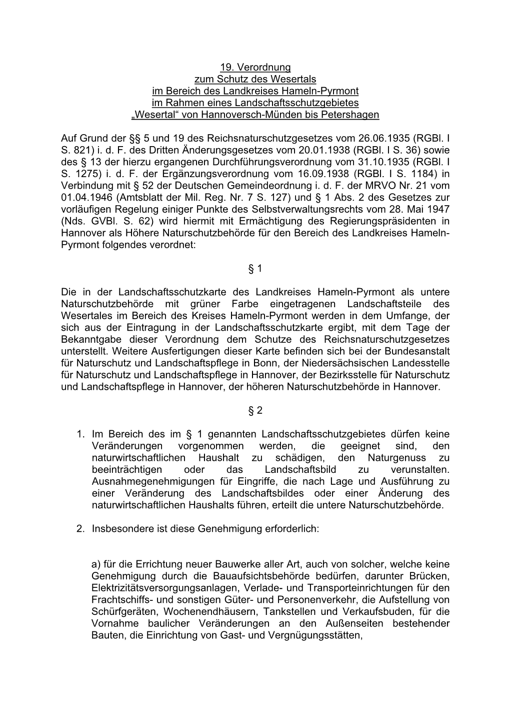 19. Verordnung Zum Schutz Des Wesertals Im Bereich Des Landkreises Hameln-Pyrmont Im Rahmen Eines Landschaftsschutzgebietes