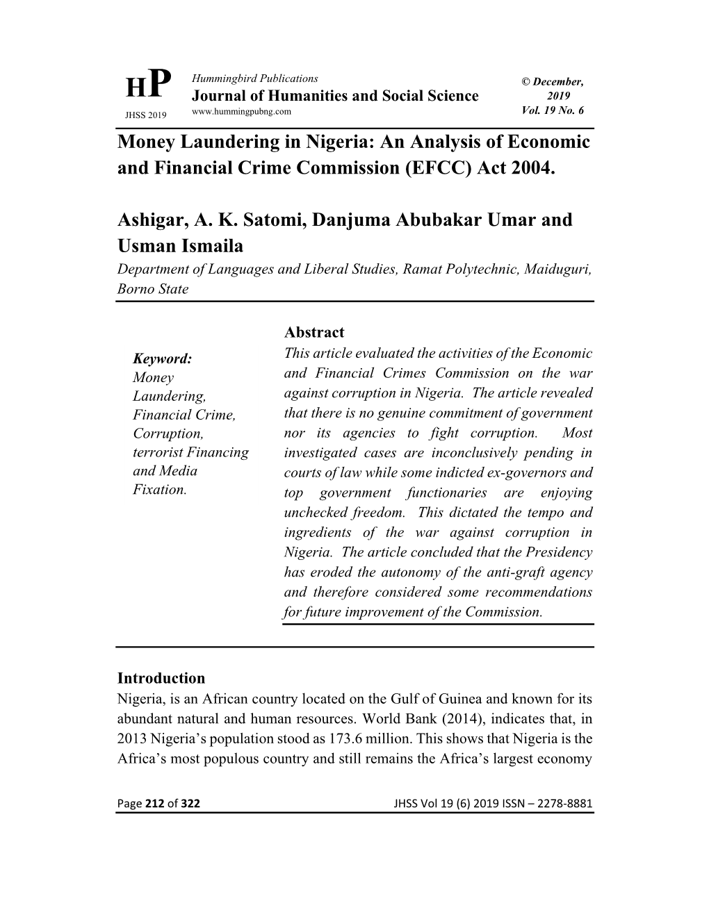 Money Laundering in Nigeria: an Analysis of Economic and Financial Crime Commission (EFCC) Act 2004