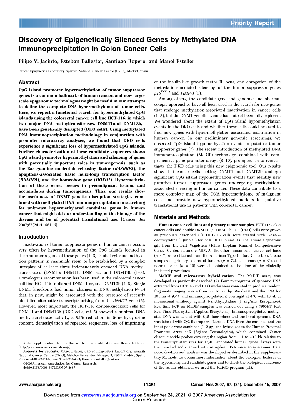 Discovery of Epigenetically Silenced Genes by Methylated DNA Immunoprecipitation in Colon Cancer Cells