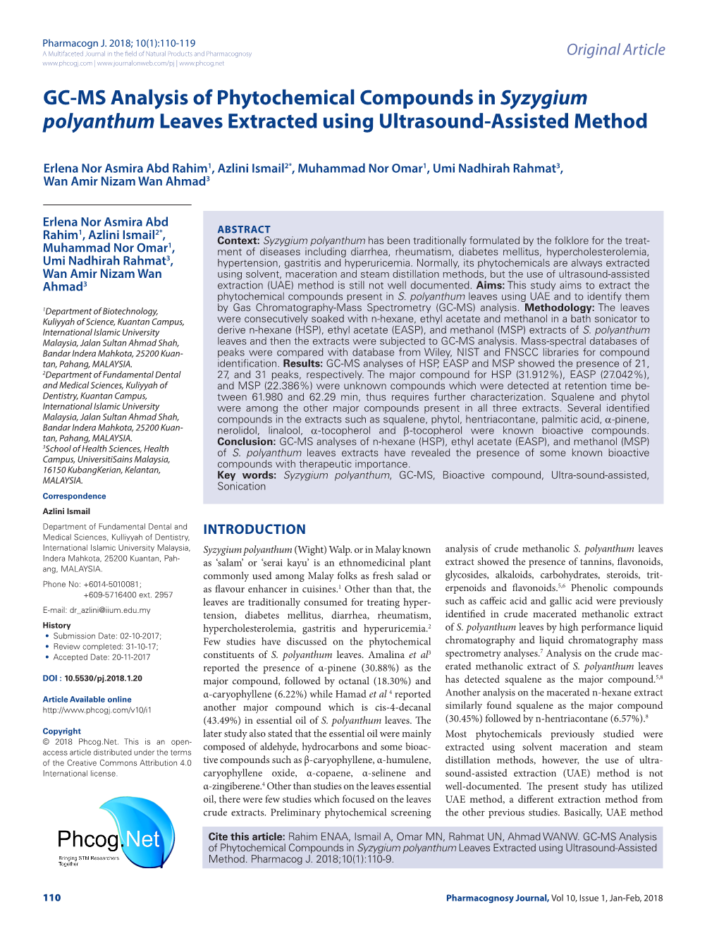 GC-MS Analysis of Phytochemical Compounds in Syzygium Polyanthum Leaves Extracted Using Ultrasound-Assisted Method