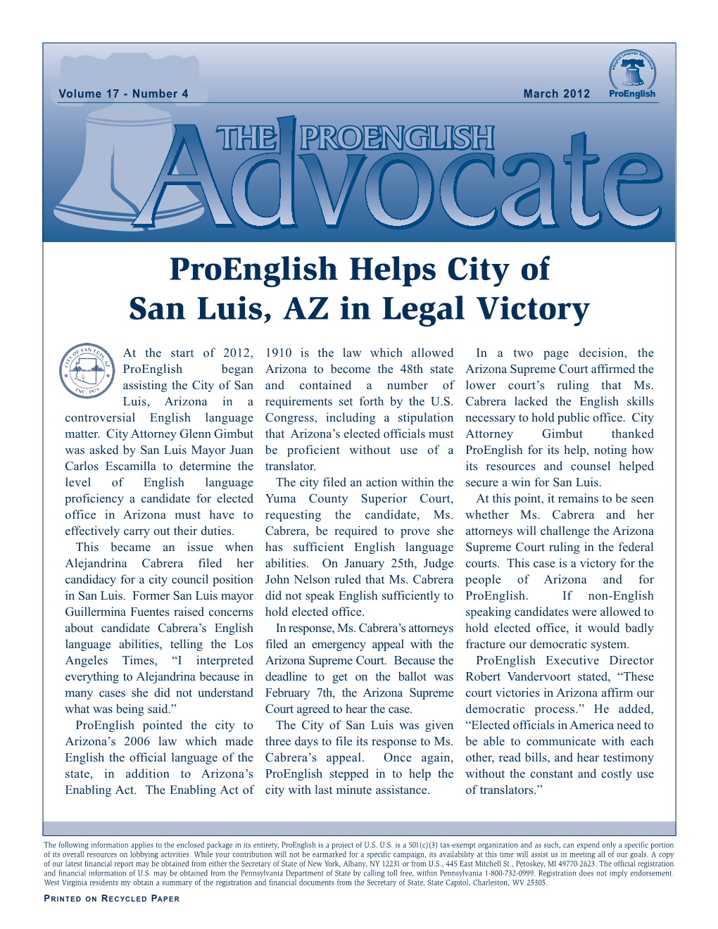 Proenglish Helps City of San Luis, AZ in Legal Victory