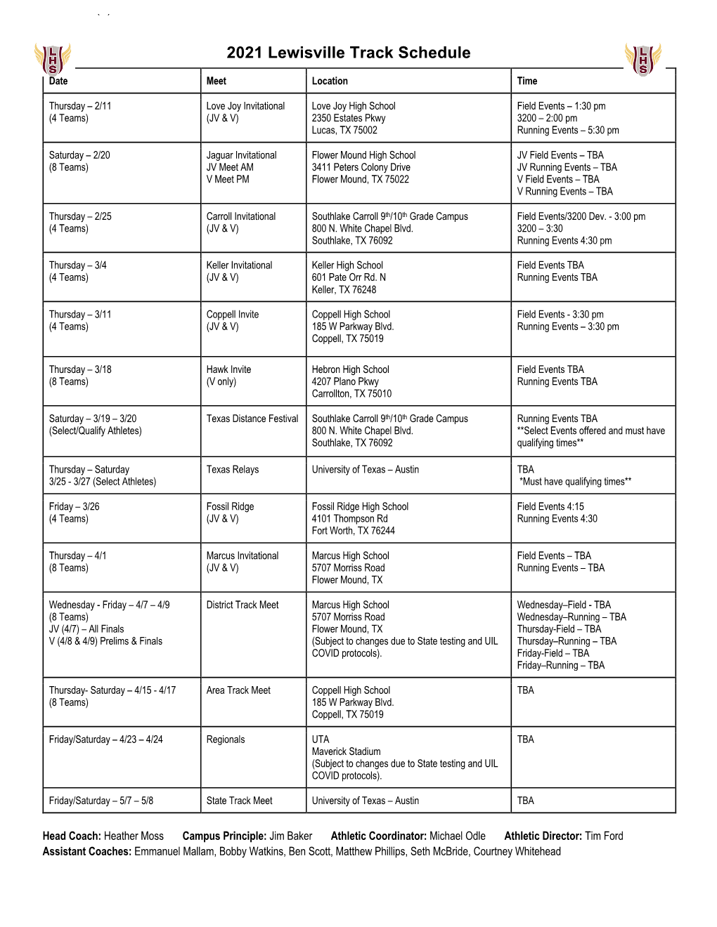 2021 Lewisville Track Schedule