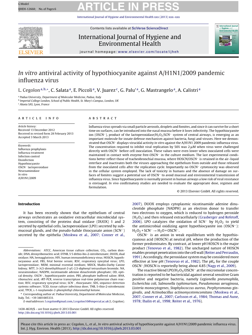 In Vitro Antiviral Activity of Hypothiocyanite Against A/H1N1/2009 Pandemic