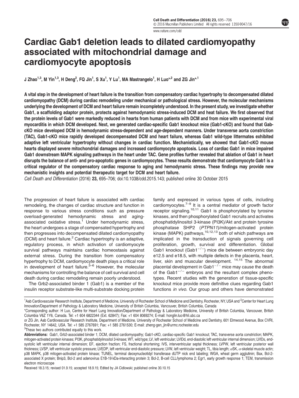 Cardiac Gab1 Deletion Leads to Dilated Cardiomyopathy Associated with Mitochondrial Damage and Cardiomyocyte Apoptosis