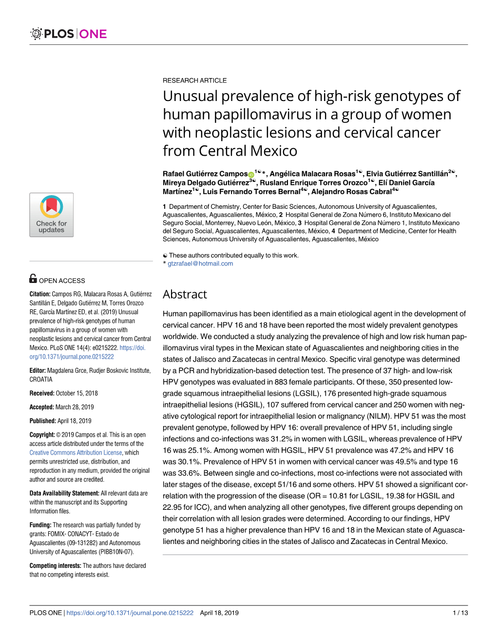 Unusual Prevalence of High-Risk Genotypes of Human Papillomavirus in a Group of Women with Neoplastic Lesions and Cervical Cancer from Central Mexico