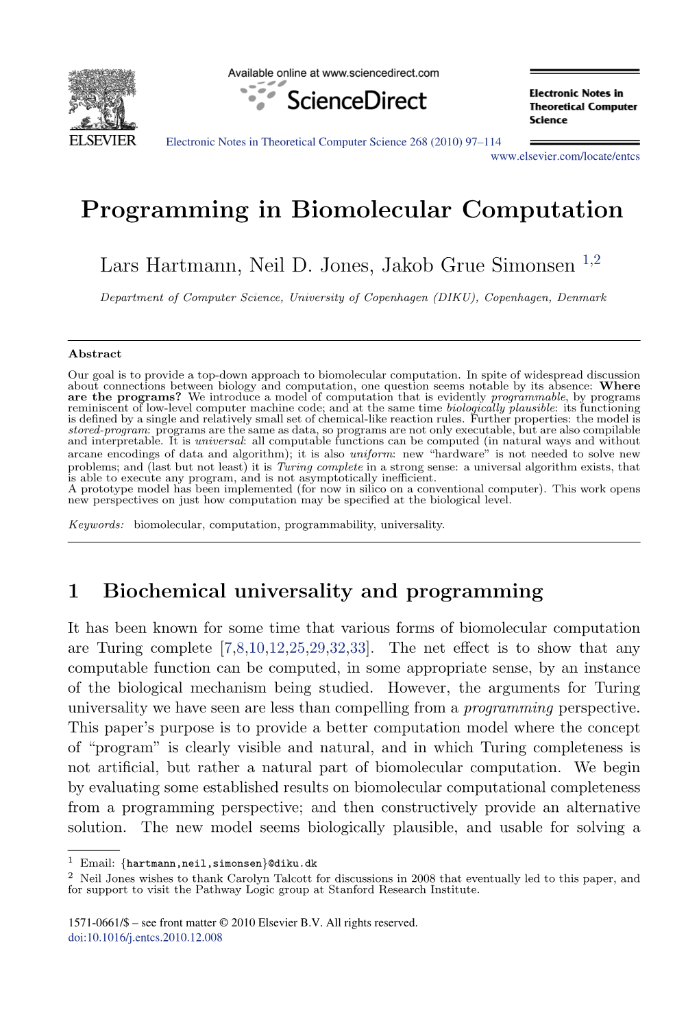 Programming in Biomolecular Computation