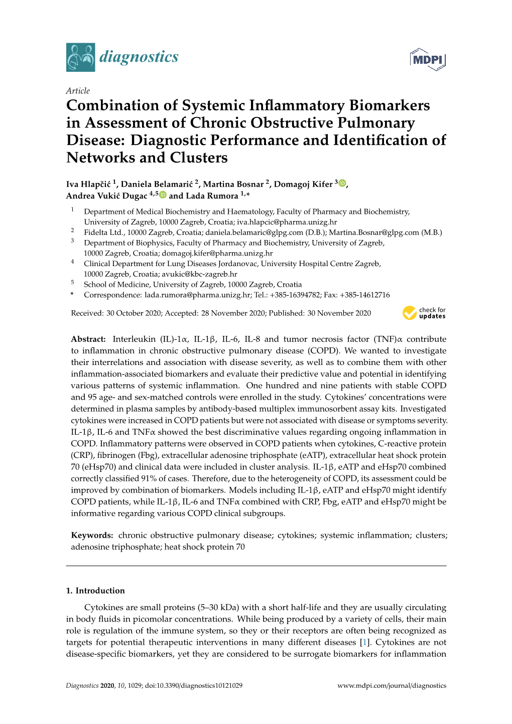 Combination of Systemic Inflammatory Biomarkers in Assessment