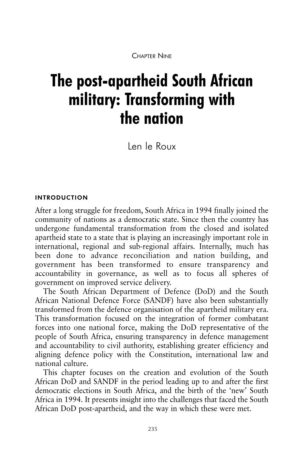 The Post-Apartheid South African Military: Transforming with the Nation