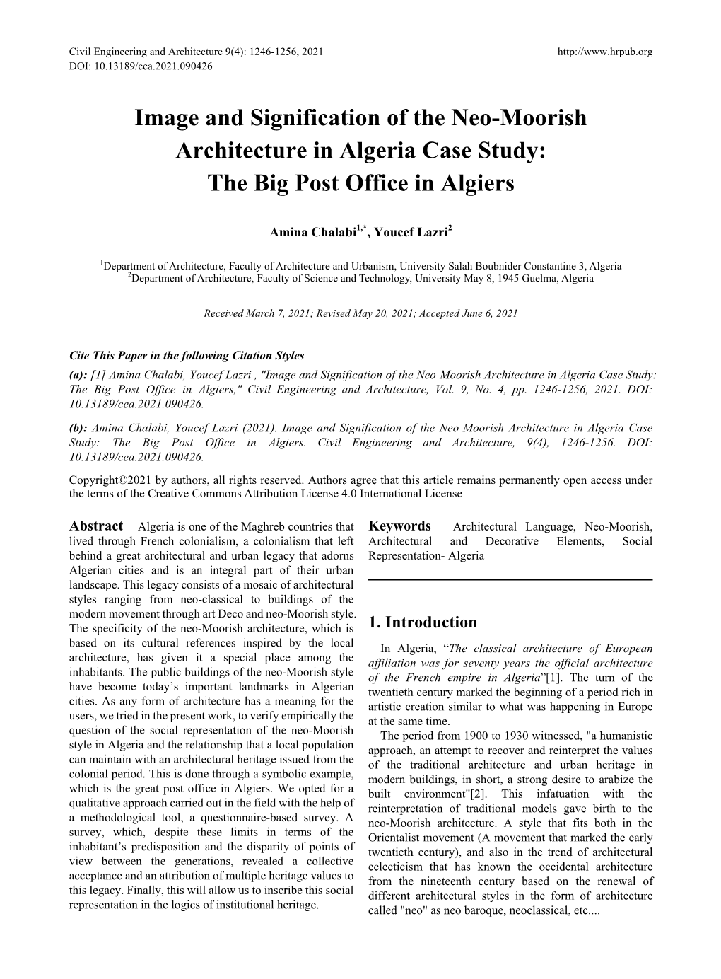 Image and Signification of the Neo-Moorish Architecture in Algeria Case Study: the Big Post Office in Algiers