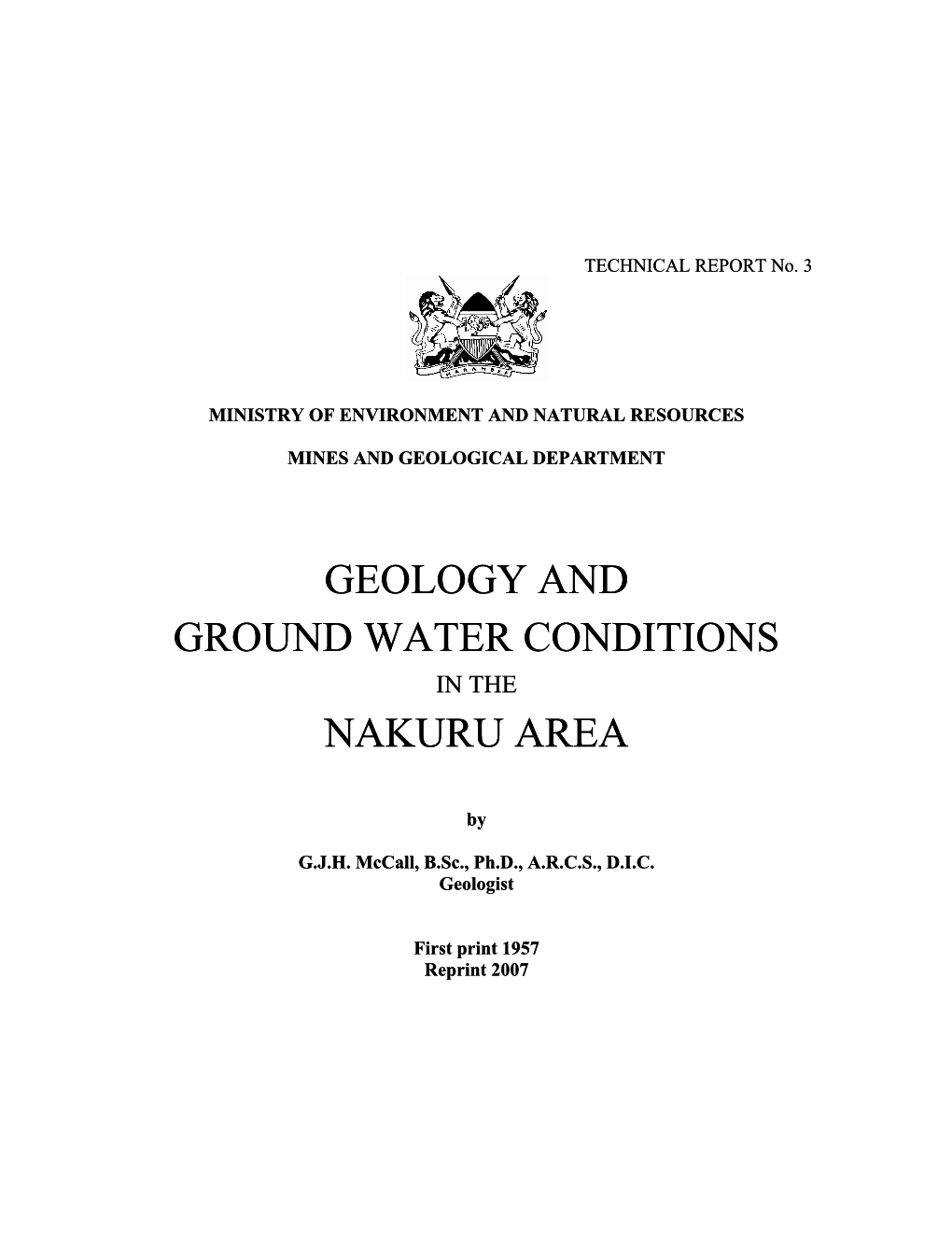 Geology and Ground Water Conditions in the Nakuru Area