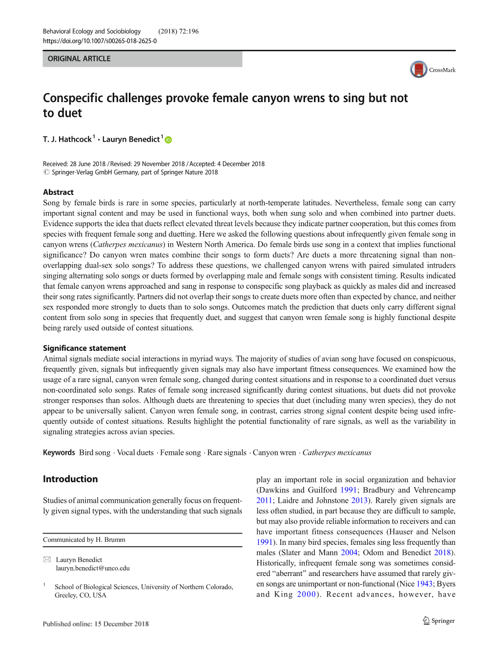 Conspecific Challenges Provoke Female Canyon Wrens to Sing but Not to Duet