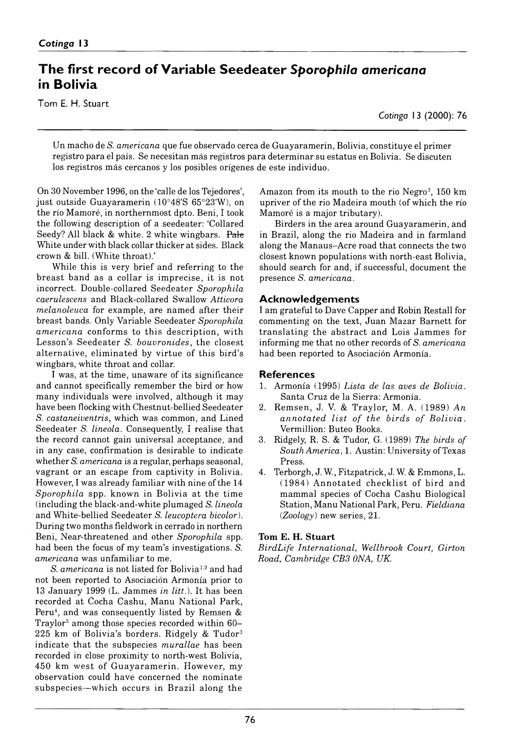 The First Record of Variable Seedeater Sporophila Americana in Bolivia