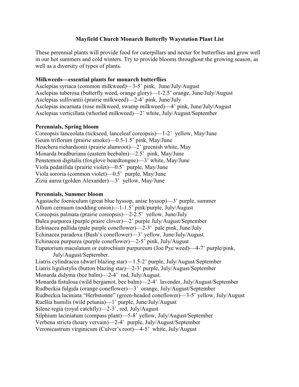 Mayfield Church Monarch Butterfly Waystation Plant List