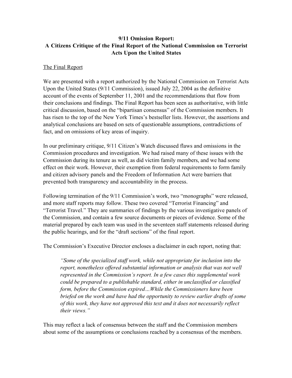 9/11 Omission Report: a Citizens Critique of the Final Report of the National Commission on Terrorist Acts Upon the United States