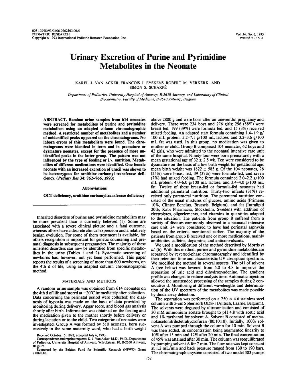 Urinary Excretion of Purine and Pyrimidine Metabolites in the Neonate