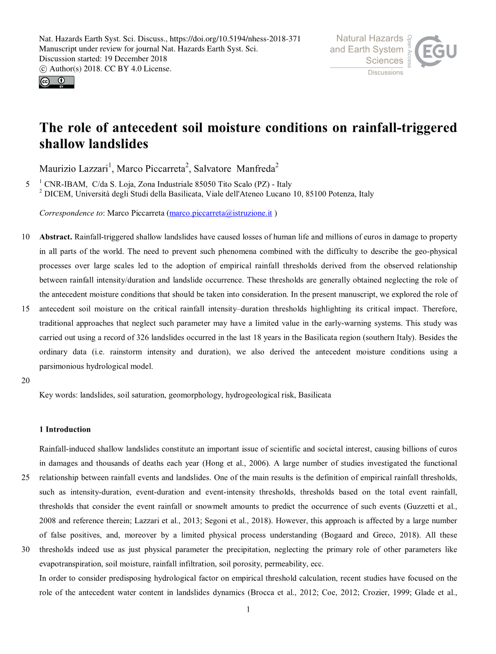 The Role of Antecedent Soil Moisture Conditions on Rainfall-Triggered Shallow Landslides