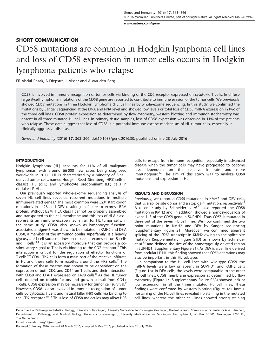 CD58 Mutations Are Common in Hodgkin Lymphoma Cell Lines and Loss of CD58 Expression in Tumor Cells Occurs in Hodgkin Lymphoma Patients Who Relapse