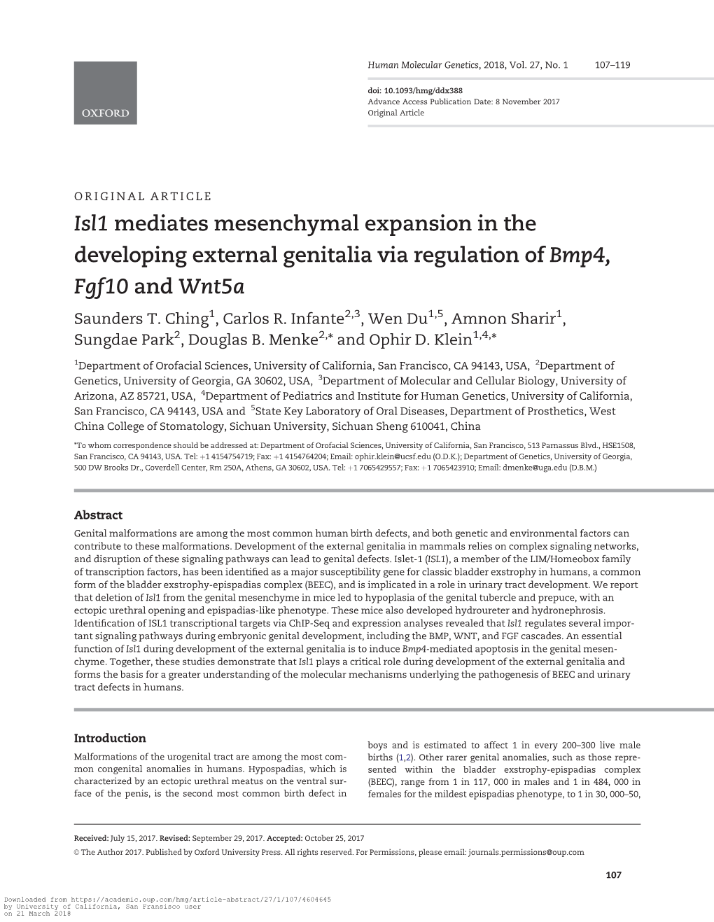 Isl1 Mediates Mesenchymal Expansion in the Developing External Genitalia Via Regulation of Bmp4, Fgf10 and Wnt5a Saunders T