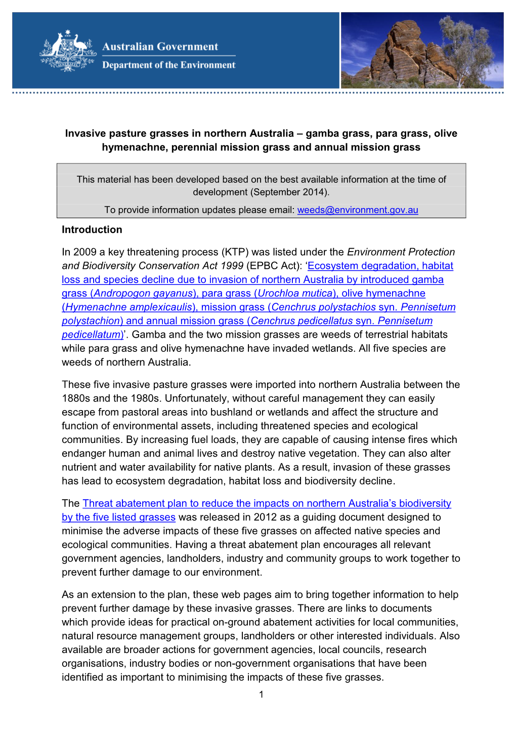 Invasive Pasture Grasses in Northern Australia – Gamba Grass, Para Grass, Olive Hymenachne, Perennial Mission Grass and Annual Mission Grass