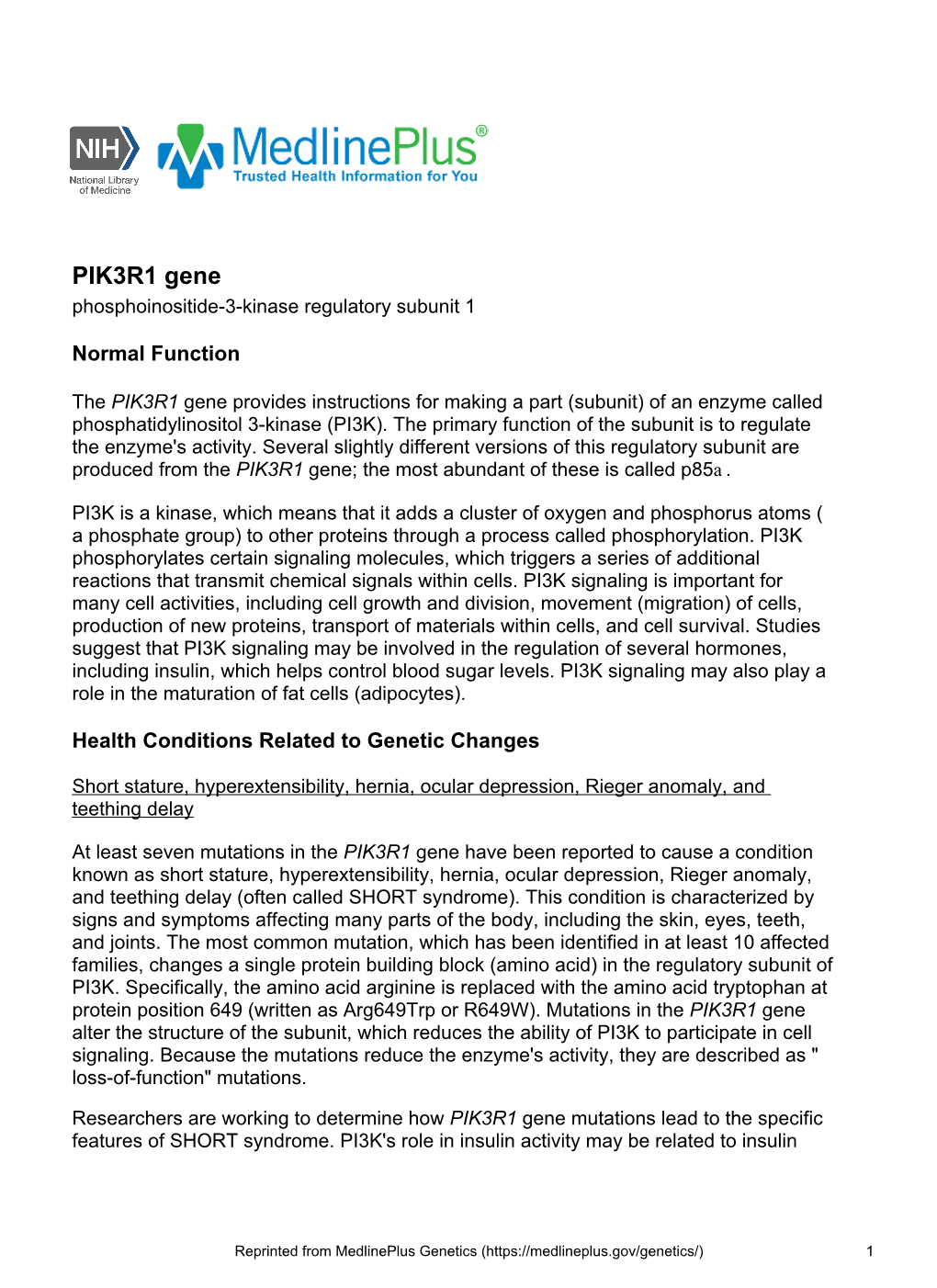 PIK3R1 Gene Phosphoinositide-3-Kinase Regulatory Subunit 1