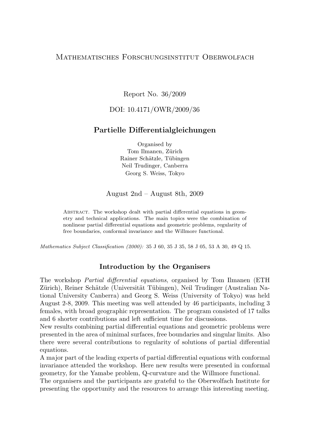Mathematisches Forschungsinstitut Oberwolfach Partielle