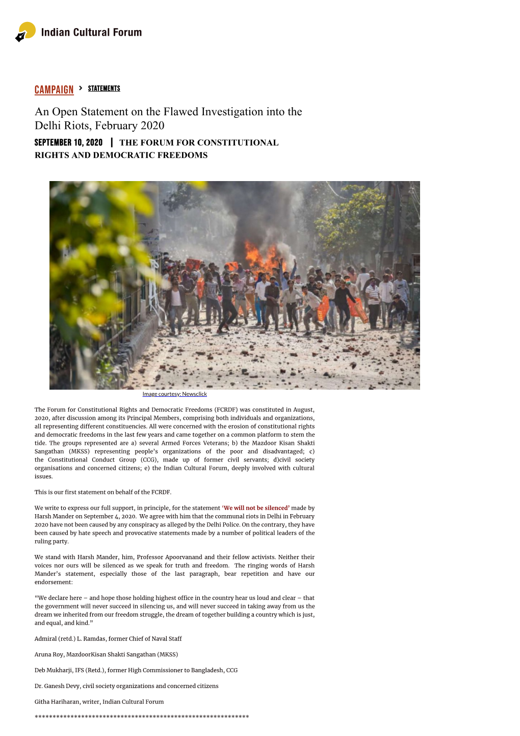 An Open Statement on the Flawed Investigation Into the Delhi Riots, February 2020