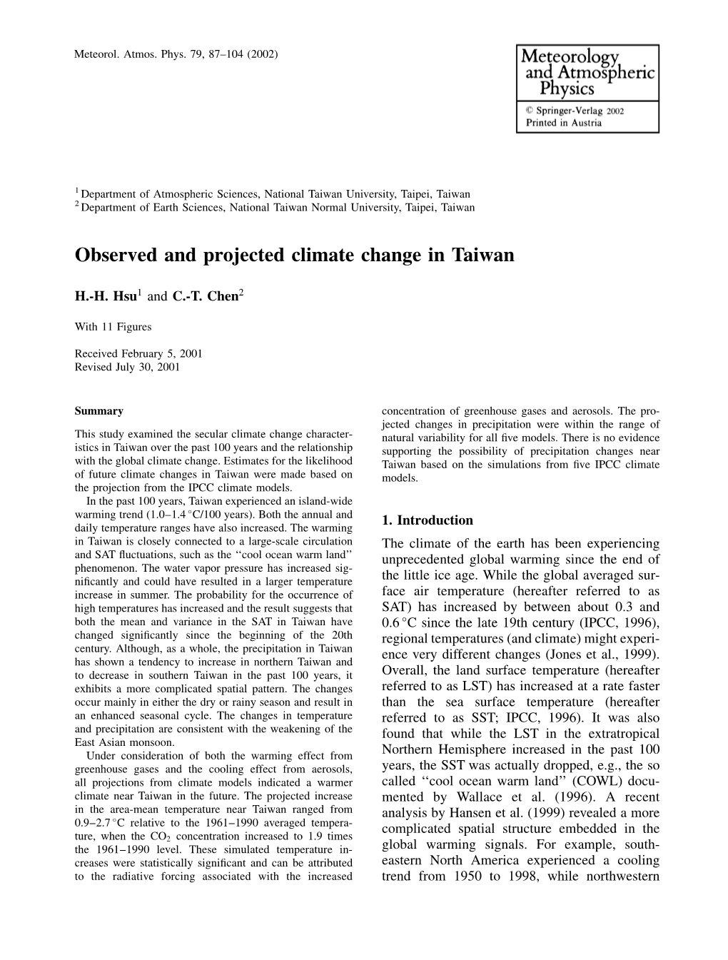 Observed and Projected Climate Change in Taiwan