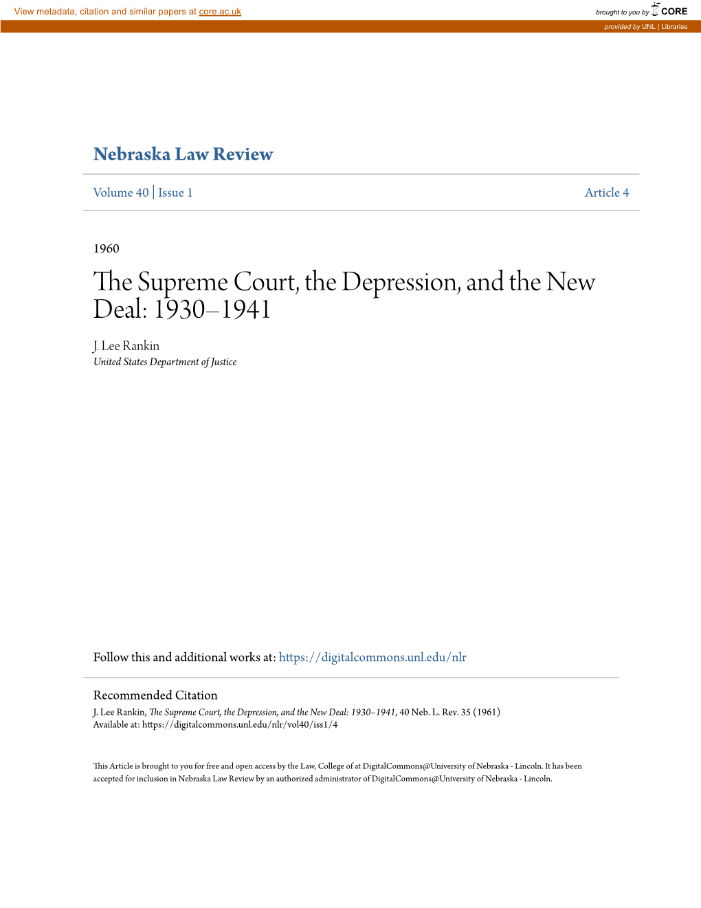 The Supreme Court, the Depression, and the New Deal: 1930–1941, 40 Neb