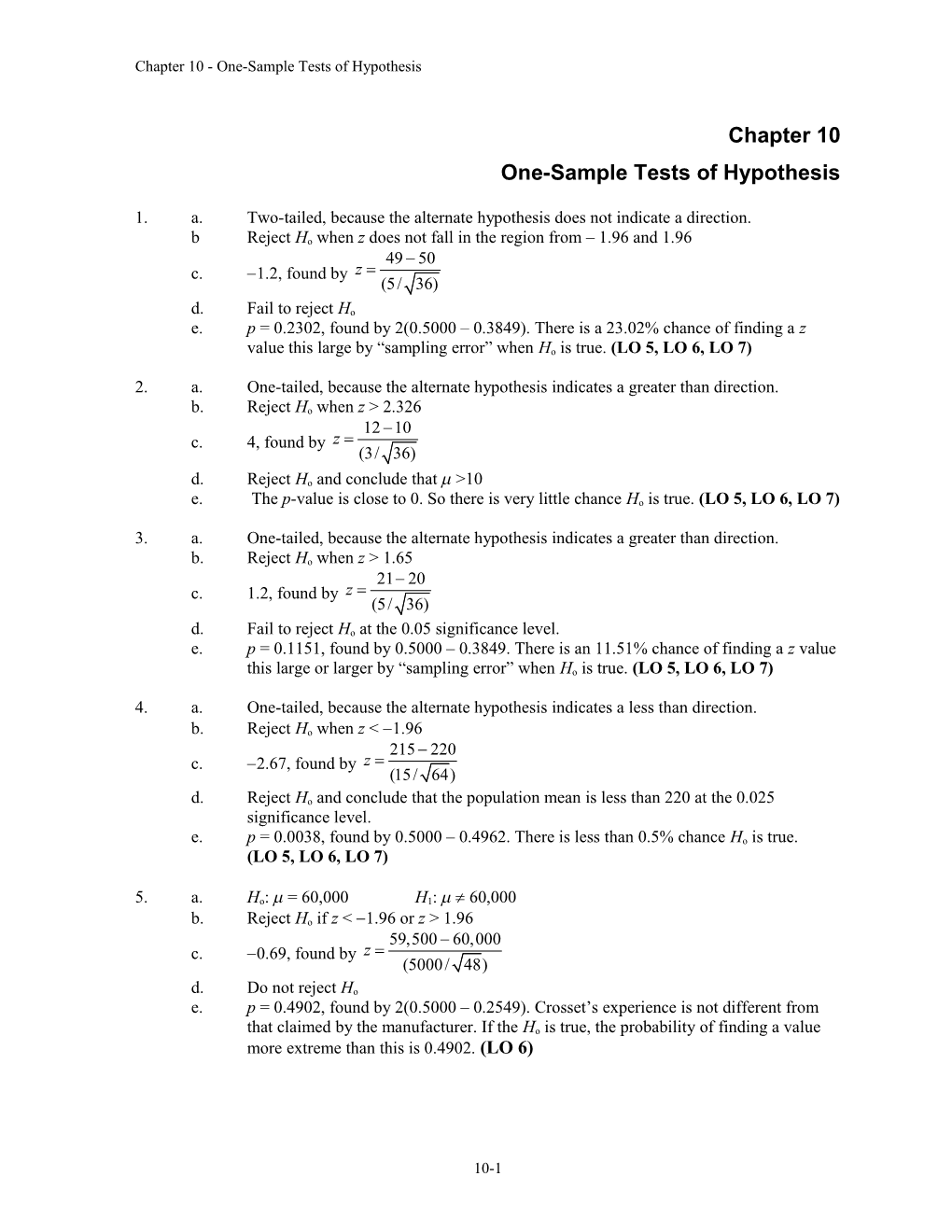 Chapter 10 - One-Sample Tests of Hypothesis