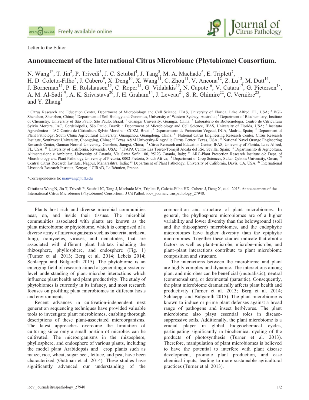Announcement of the International Citrus Microbiome (Phytobiome) Consortium
